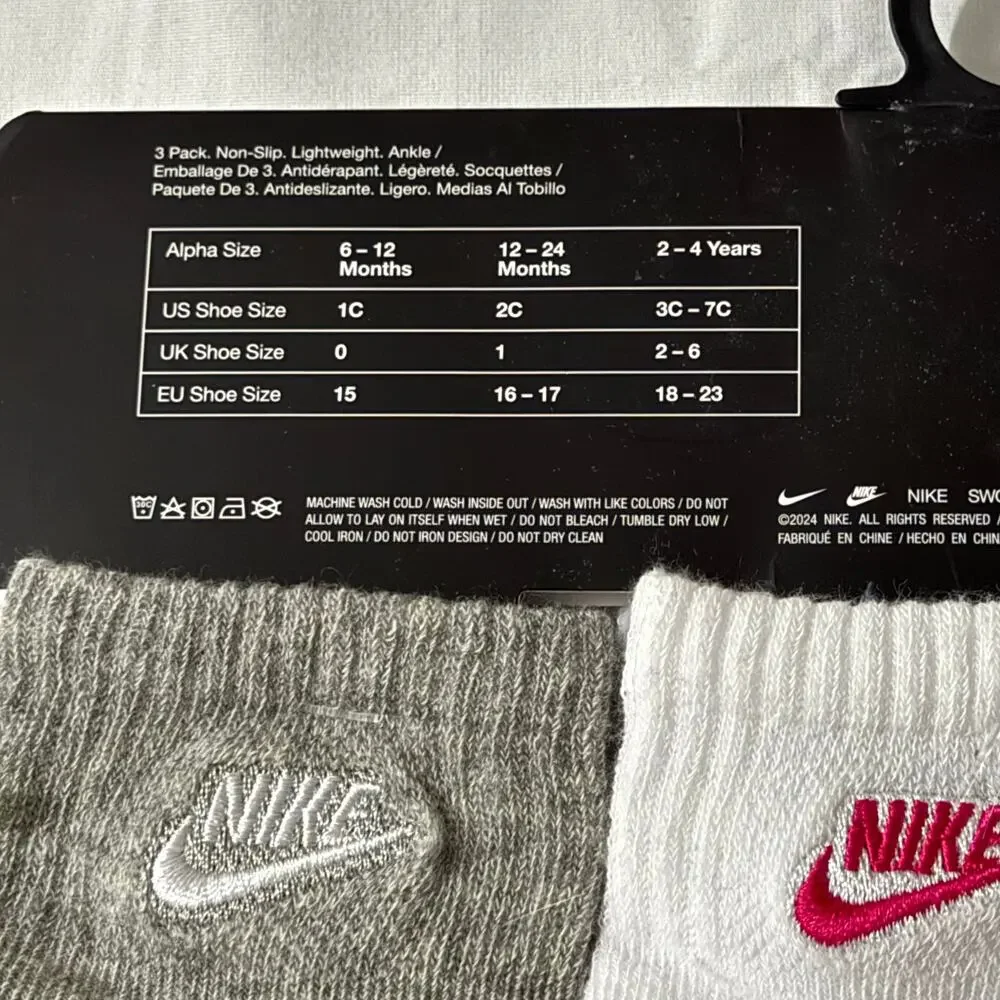 Nike Baby 3 Pk Pink White Grey Ankle No Slip Embroidery Logo Sock Set Sz 12-24 M
